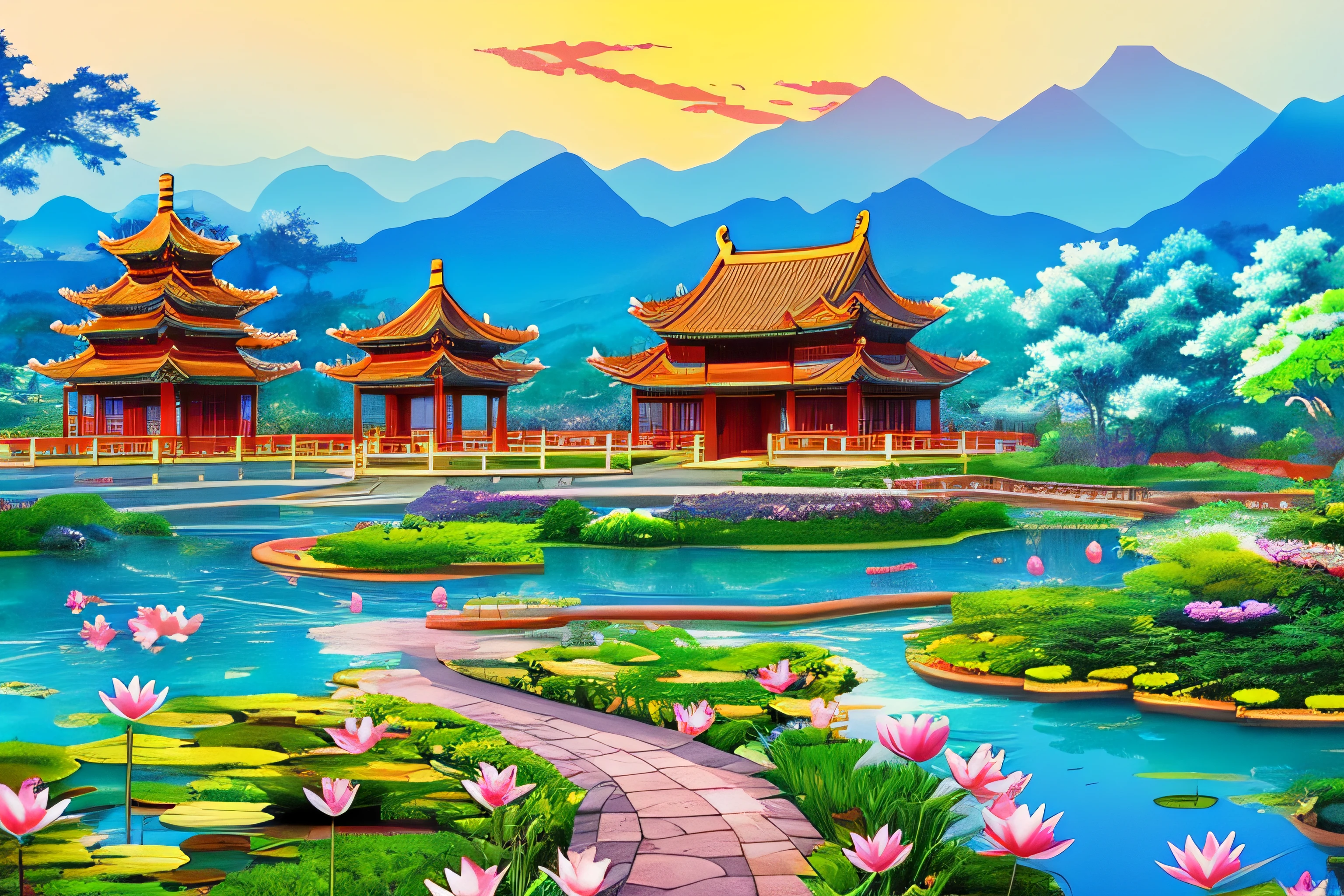 Western Pure Land, flat luminous road. There are no mountains. Chinese temples, railings, neatly arranged luminous treasure trees, fences on the side of the pond, and colorful lotus flowers in the pool. Anime style, epic style, big scene.