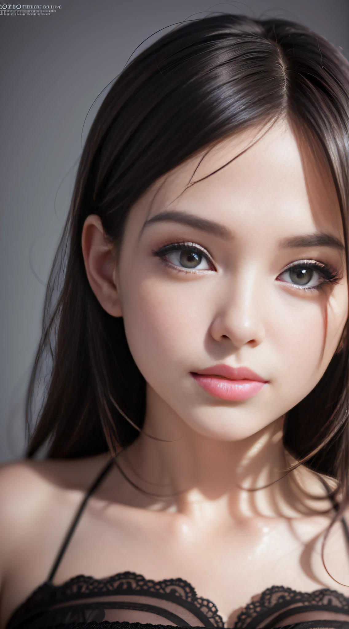 biting lip, (DDbitlip), (photorealistic:1.4), a very beautiful girl looking at viewer, red very thin upper lip, puffy eyes, straight black hair, high detailed eyes, pale white skin, Ultra 8k, RAW, Ultra high res, 80mm, long eyelash, innocent, face portrait, close up, professional lighting, very detailed pupils, very detailed skin, master peace, fine art photography