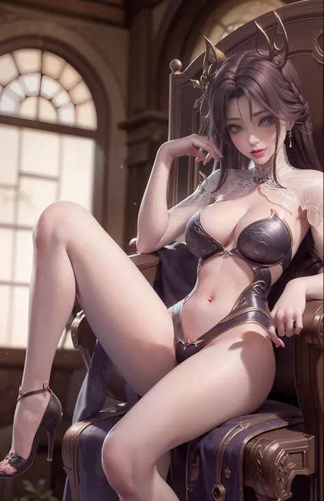 Sexy seductive lady, 30 years old, peach blossom eyes, smoky makeup, silk high-forked hanfu, stiletto heels, (bare legs), provocative expression, sitting on a dragon chair, striped hair, black hair, moles under the eyes, makeup, anime style, seductive smil...