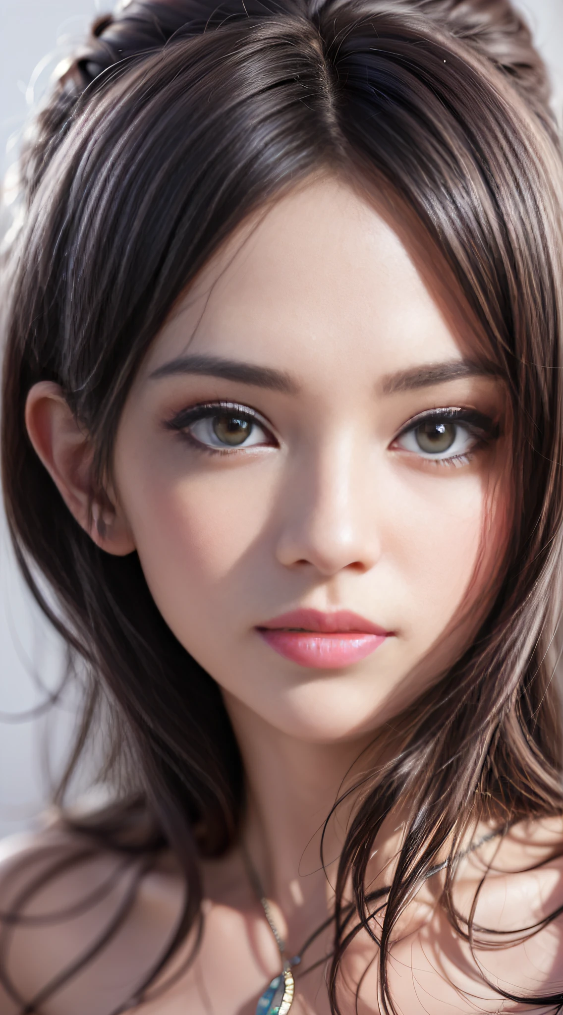 (photorealistic:1.4), a very beautiful girl looking at viewer, red very thin upper lip, biting lip, (DDbitlip), puffy eyes, straight black hair, high detailed eyes, pale white skin, Ultra 8k, RAW, Ultra high res, 80mm, long eyelash, innocent, face portrait, close up, professional lighting, very detailed pupils, very detailed skin, master peace, fine art photography