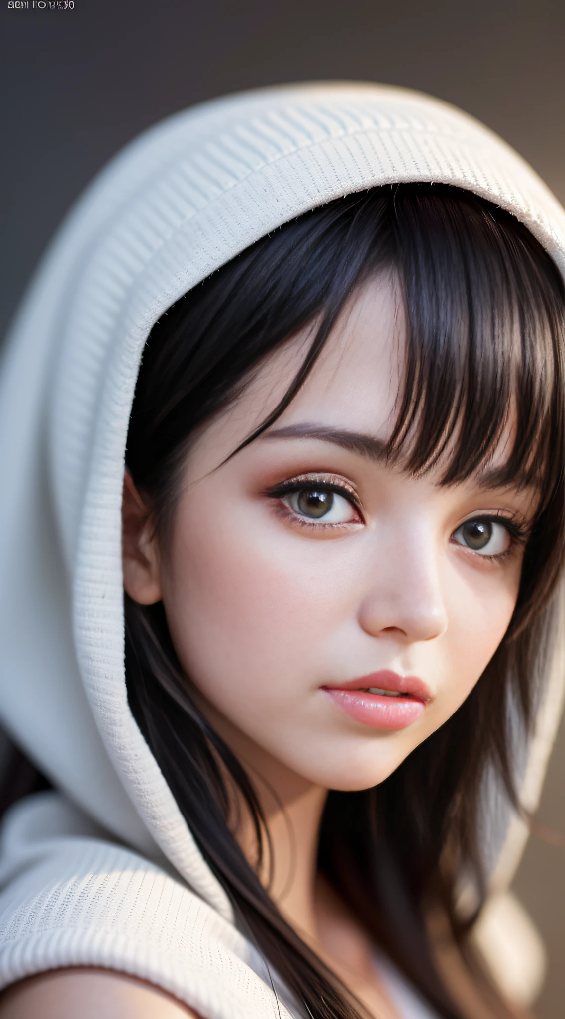 (photorealistic:1.4), a very beautiful girl looking at viewer, red very thin upper lip, biting lip, (DDbitlip), puffy eyes, straight black hair, high detailed eyes, pale white skin, Ultra 8k, RAW, Ultra high res, 80mm, long eyelash, innocent, face portrait, close up, professional lighting, very detailed pupils, very detailed skin, master peace, fine art photography