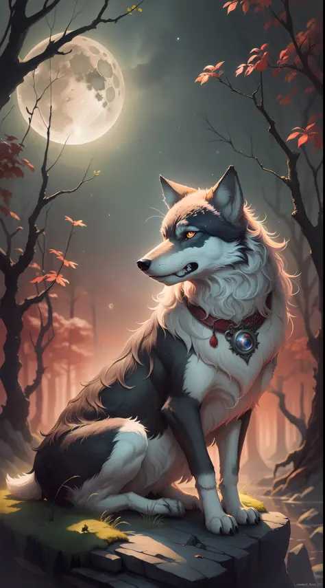 A forlorn wolf resting upon a moss-covered rock, bathed in the eerie crimson light of a blood-drenched full moon, its mournful cries piercing the silence of the ancient forest, the moon's luminosity casting an enchanting aura upon the surroundings, conveye...