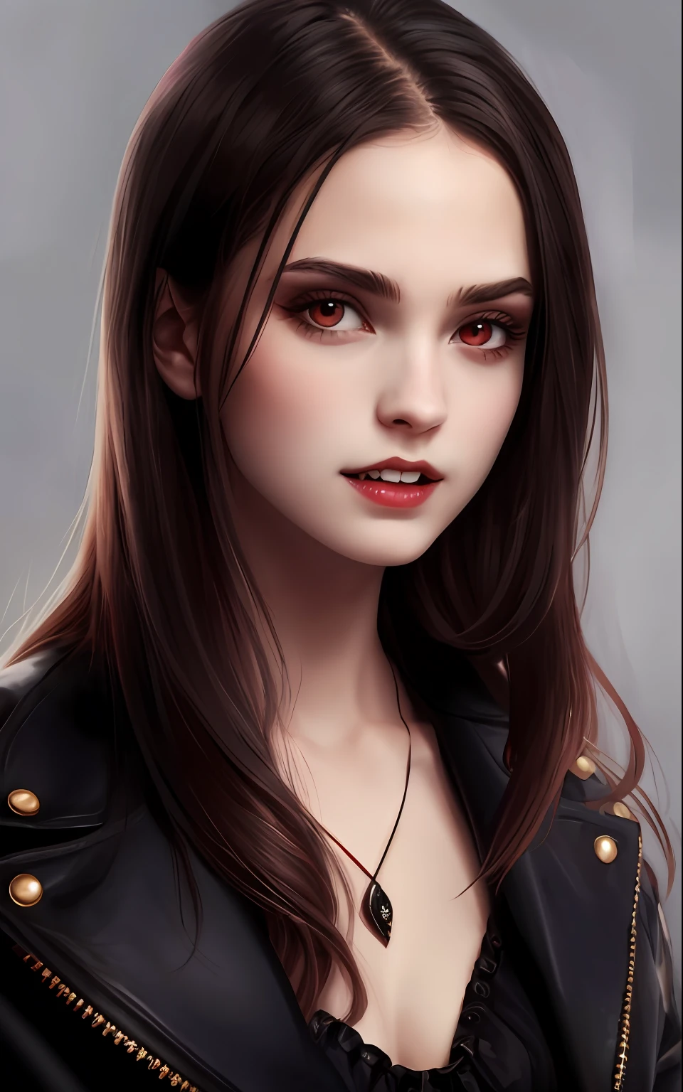 a young vampire with 20 years,red eyes and small fangs,very beautiful,looking forward realistic image without background