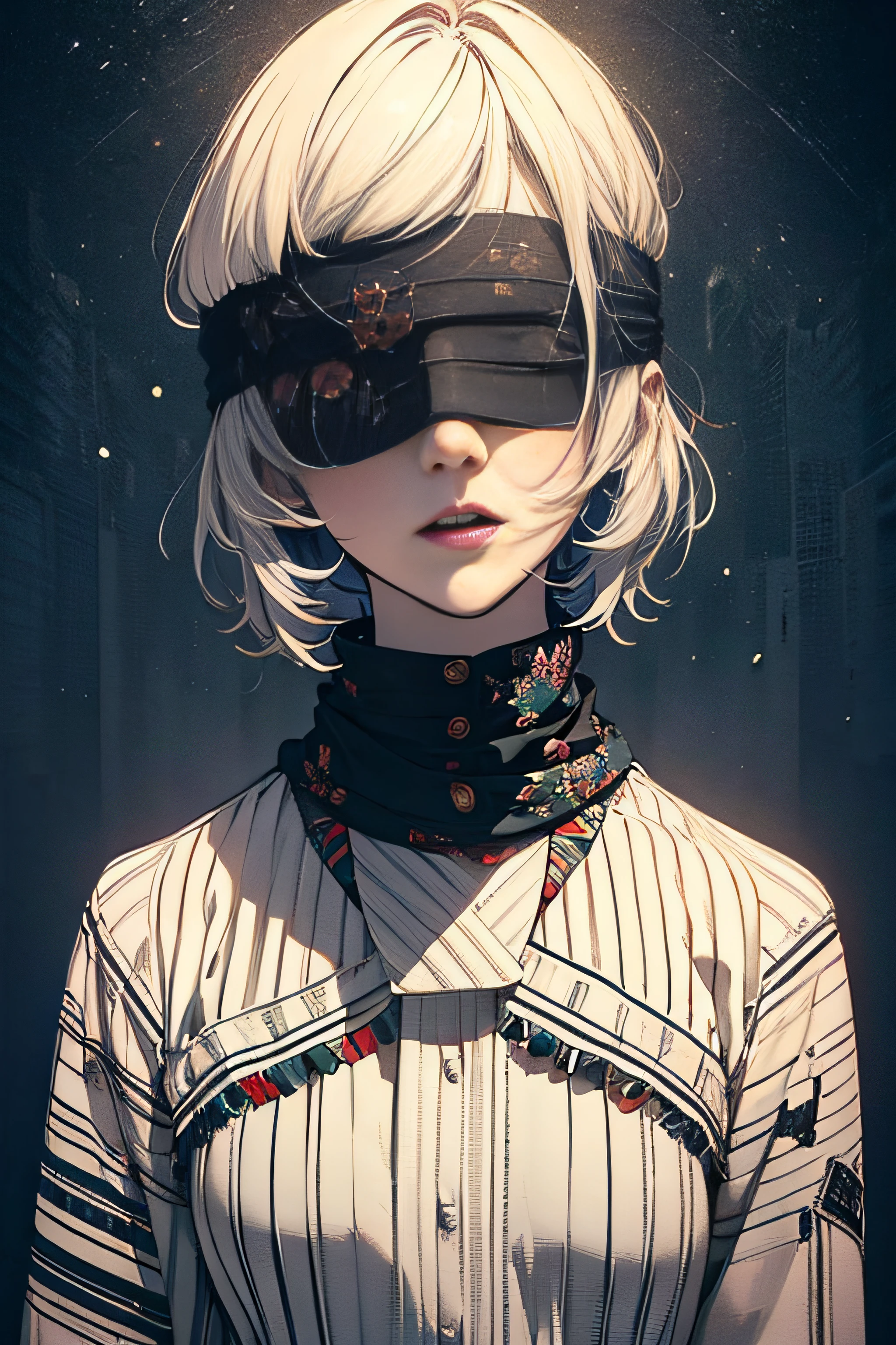 (masterpiece, top quality, best quality, official art, beautiful and aesthetic:1.2),
blindfold, solo, 1girl, open mouth, short hair, long sleeves, bangs, smile, upper body, bandages, shirt,
extreme detailed,highest detailed, optical mixing, playful patterns, lively texture, unique visual effect