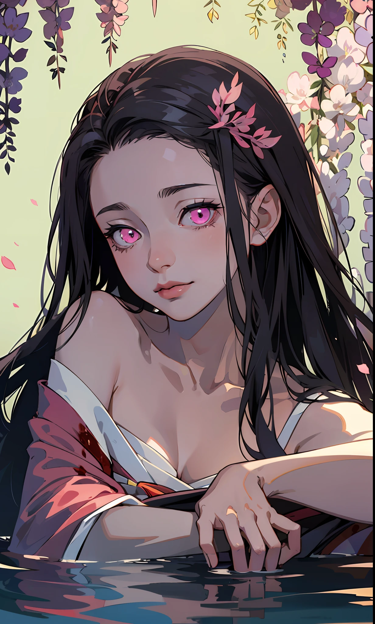 masterpiece, (pink kimono), seductive face, good lighting, décolleté, small details, masterpiece, glowing eyes, 1girl, black hair, on face, Nezuko Kamado, wisteria background, masterpiece, best quality, POV, erotica , laying on the water , blood , creepy