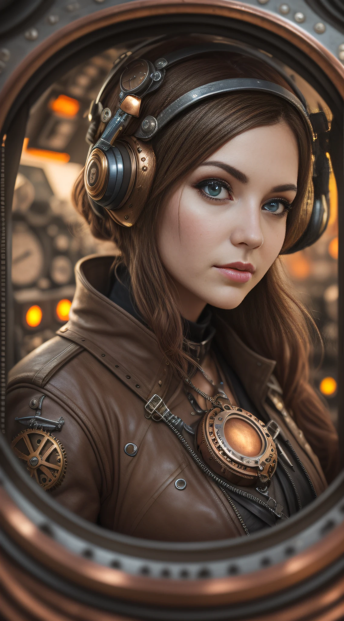 Stunning steampunk pod pilot girl looks at camera in ingenious and complex hyper-detailed cockpit, close-up, real and well-worn-looking clothes, leather, lots of metal, copper and bronze, tight space, cinematic lighting, depth-of-field,