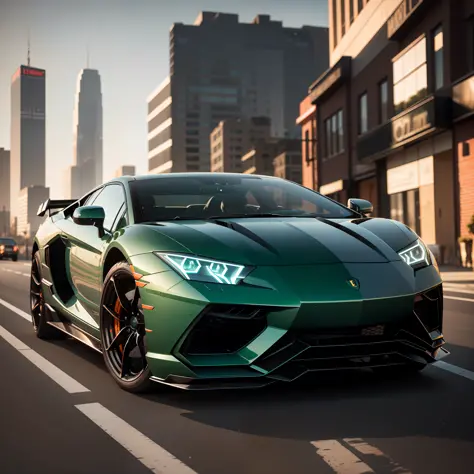 lamborghine, green neon details, black car, ray tracing, 8k.