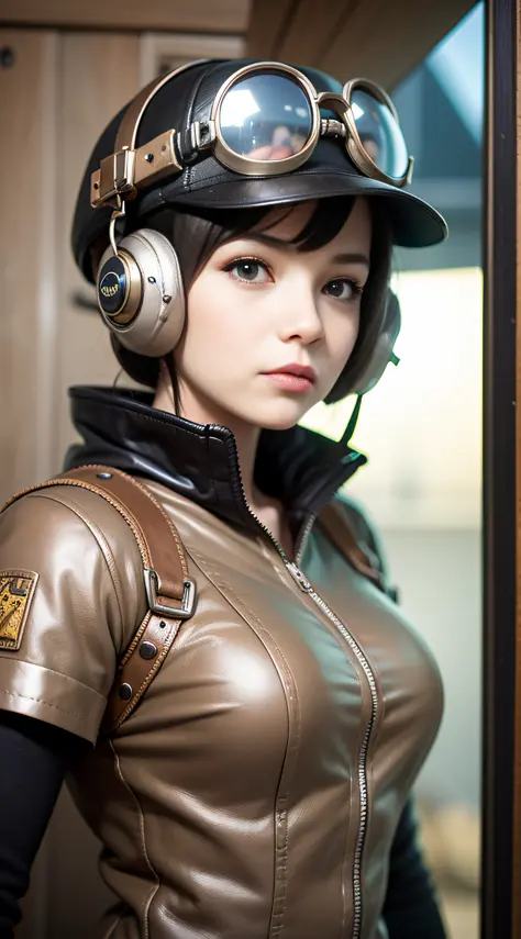 amazing pod steampunk pilot girl look to the camera at command cabin