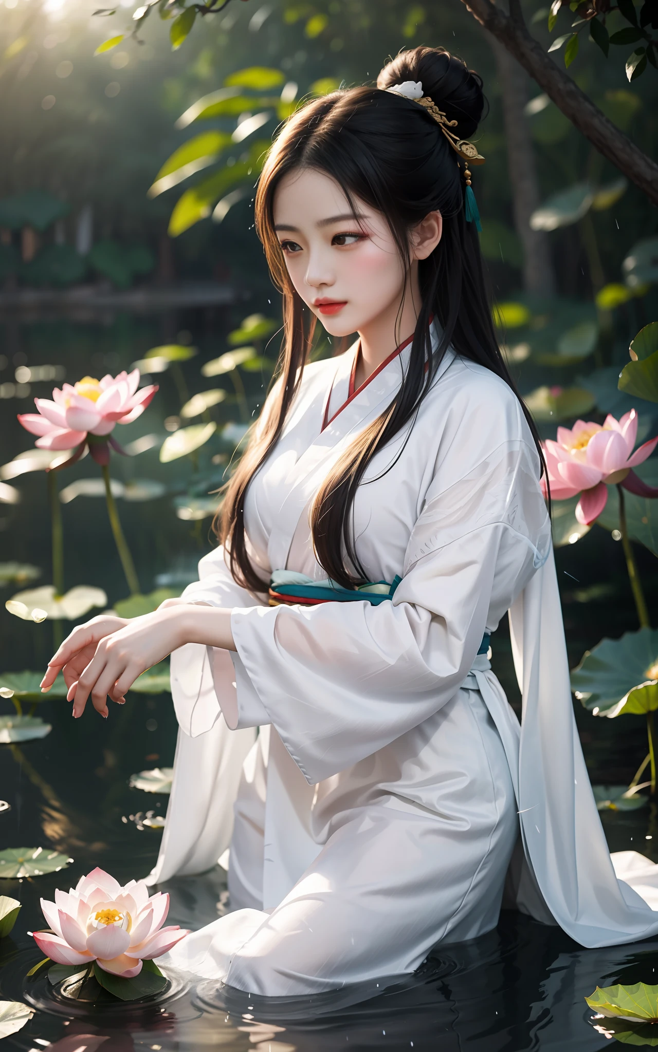 realistic, big vista, wide angle lens, intricate details, super detailed, natural skin texture, 1 girl, hair bundle, bun, beautiful Chinese woman in white hanfu robe cloak, fairy, white mist, golden light, white mist, outdoors, in Hangzhou West Lake, in ancient Chinese pavilion, (colorful, vivid, sunny, cool light: 1.2) lotus leaves in pond, delicate facial details, dynamic poses, exquisite details, wide view, epic details, global illumination - ar 3:2 - Q 5 - V 5.1 - Style RAW-S 750, style influenced by ancient Chinese art, complex, high detail, sharp focus, dramatic, photorealistic painting art, lotus leaf, spring rain, bright, light, atmospheric, bright tones of spring, super detail, 16k, best quality, soft light, space, crystal clear, natural light, surreal photography,