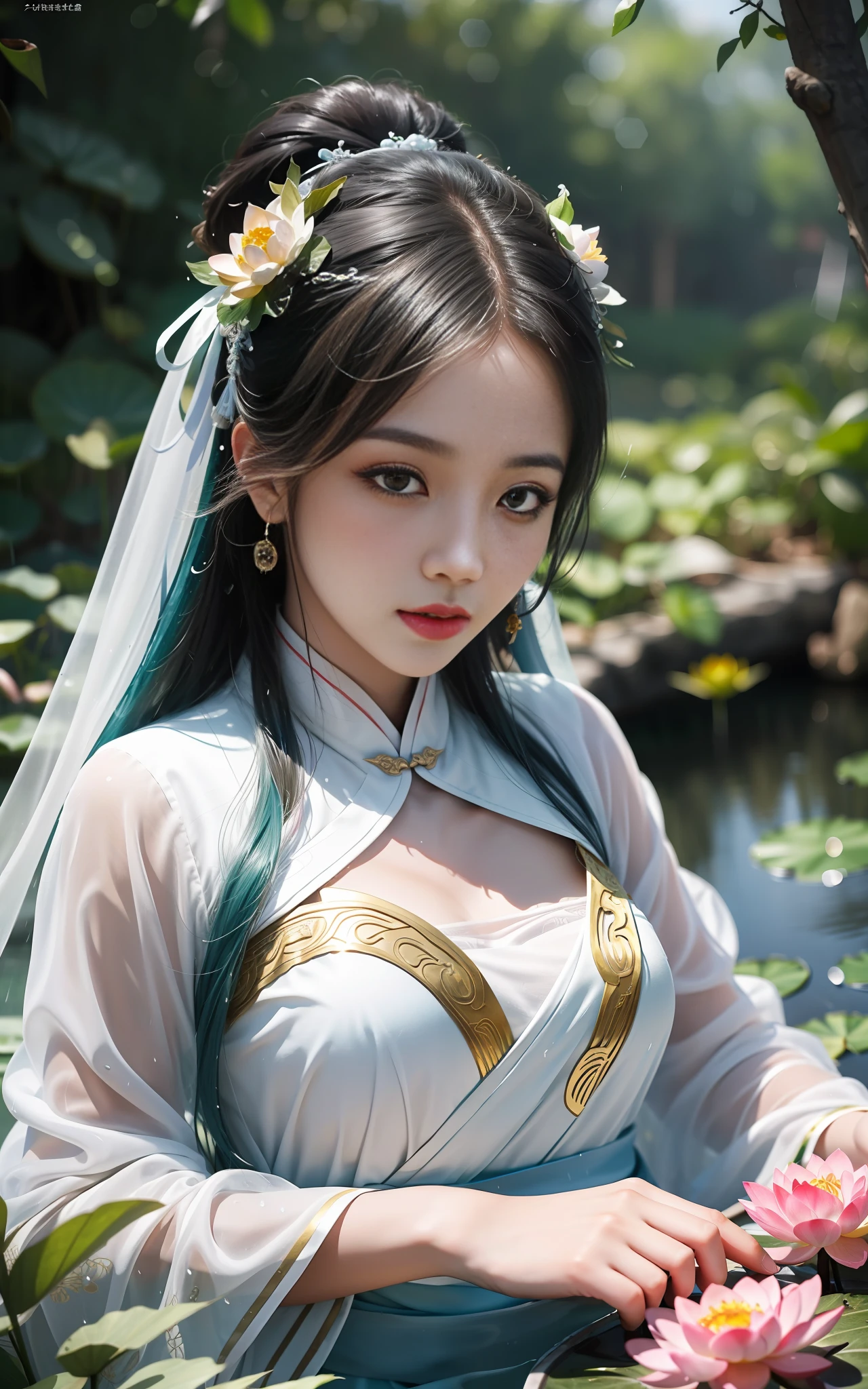 Réaliste, grande vue, lentille Grand angle, détails complexes, Super détailed, texture naturelle de la peau, 1 fille, hair biendle, bien, belle femme chinoise en manteau de robe hanfu blanc, Fée, brume blanche, golden Lumière, brume blanche, En plein air, Dans le lac de l&#39;Ouest de Hangzhou, dans l&#39;ancien pavillon chinois, (Coloré, Vif, ensoleillé, cool Lumière: 1.2) feuilles de lotus dans l&#39;étang, détails délicats du visage, poses dynamiques, détails exquis, grand angle de vue, détails épiques, Éclairage global - AR 3:2 - q 5 - v 5.1 - Style RAW-S 750, style influencé par l&#39;art chinois ancien, Complexe, Détails élevés, netteté, Spectaculaire, photoRéaliste painting art, feuille de lotus, Pluie de printemps, brillant, Lumière, atmosphérique, brillant tones of spring, Super détail, 16k, Meilleure qualité, soft Lumière, espace, clair comme de l&#39;eau de roche, natural Lumière, photographie surréaliste,