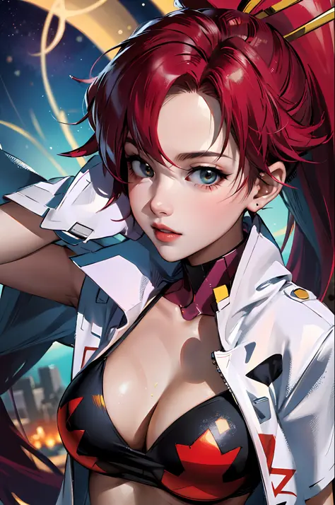 Create an incredibly detailed drawing of the character Yoko from the anime Gurren Lagann in a space environment. Let Yoko be photographed up close to show all the details of her gorgeous appearance. Please provide the highest quality and maximum detail to ...