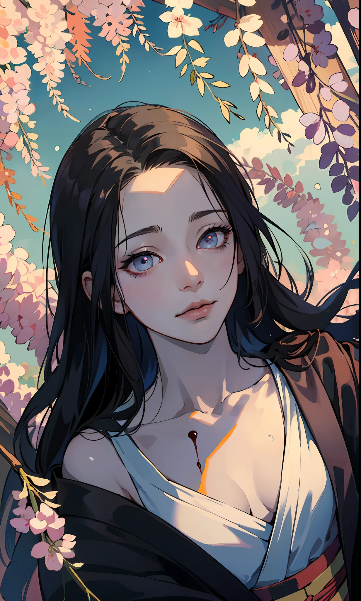 masterpiece, (black kimono), seductive face, good lighting, décolleté, small details, masterpiece, glowing eyes, 1girl, black hair, on face, Mikasa Ackerman , wisteria background, masterpiece, best quality, POV, erotica , laying on the water , blood , creepy