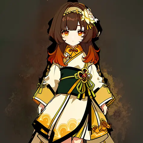 genshin avatar, (a girl with brown hair and orange eyes: 1.4), (no hat), short and medium hair, hair between the eyes, (((white ...