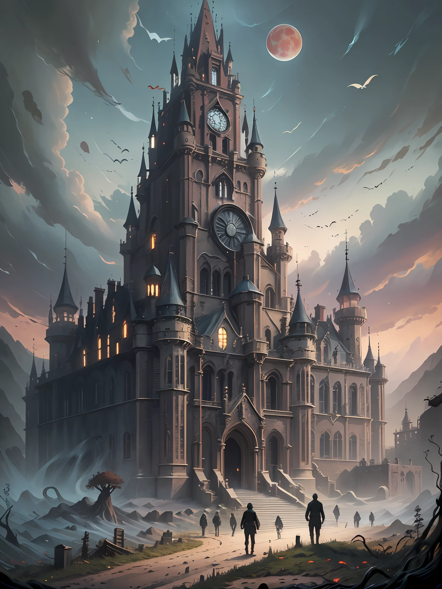 Fine matte painting, skeleton dark angel big wings haunted castle on drawing table full of knives, ghost realm, grave, horror, spooky, scary, secret horror, tentacles, vines, eyes, uncanny valley effect teeth, limbs, animals, blood moon