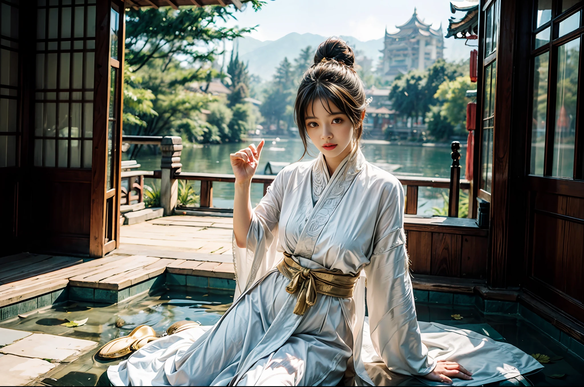 realistic, big vista, wide angle lens, intricate details, super detailed, natural skin texture, 1 girl, hair bundle, bun, beautiful Chinese woman in white hanfu robe cloak, fairy, white mist, golden light, white mist, outdoors, in Hangzhou West Lake, in ancient Chinese pavilion, (colorful, vivid, sunny, cool light: 1.2) lotus leaves in pond, delicate facial details, dynamic poses, exquisite details, wide view, epic details, global illumination - ar 3:2 - Q 5 - V 5.1 - Style RAW-S 750, style influenced by ancient Chinese art, complex, high detail, sharp focus, dramatic, photorealistic painting art, lotus leaf, spring rain, bright, light, atmospheric, bright tones of spring, super detail, 16k, best quality, soft light, space, crystal clear, natural light, surreal photography,