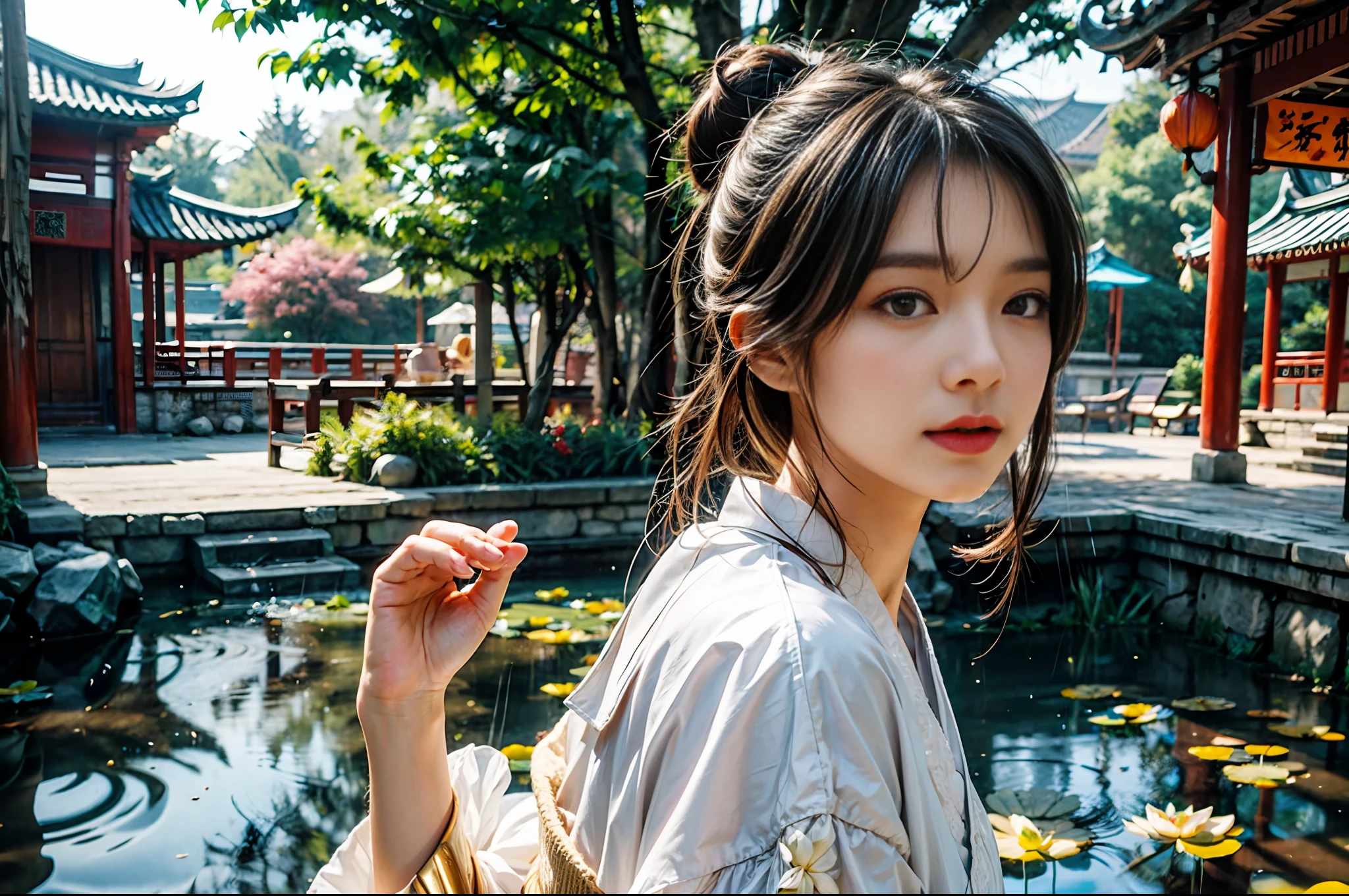 realistic, big vista, wide angle lens, intricate details, super detailed, natural skin texture, 1 girl, hair bundle, bun, beautiful Chinese woman in white hanfu robe cloak, fairy, white mist, golden light, white mist, outdoors, in Hangzhou West Lake, in ancient Chinese pavilion, (colorful, vivid, sunny, cool light: 1.2) lotus leaves in pond, delicate facial details, dynamic poses, exquisite details, wide view, epic details, global illumination - ar 3:2 - Q 5 - V 5.1 - Style RAW-S 750, style influenced by ancient Chinese art, complex, high detail, sharp focus, dramatic, photorealistic painting art, lotus leaf, spring rain, bright, light, atmospheric, bright tones of spring, super detail, 16k, best quality, soft light, space, crystal clear, natural light, surreal photography,