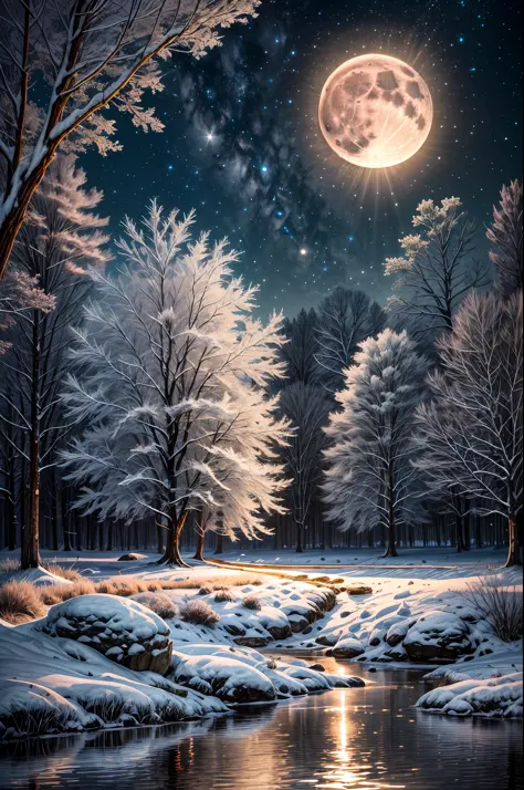 A tranquil night is illuminated by the captivating presence of a full moon. The moon dominates the night sky with its radiant glow, casting a shimmering light that bathes the surroundings in a mystical ambiance. Its brilliance stands out, captivating all w...