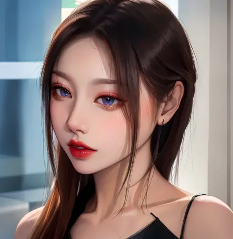 a close up of a woman with a red lipstick and a black dress, portrait of female korean idol, beautiful south korean woman, soft portrait shot 8 k, korean girl, gorgeous young korean woman, young adorable korean face, detailed face of a asian girl, beautifu...