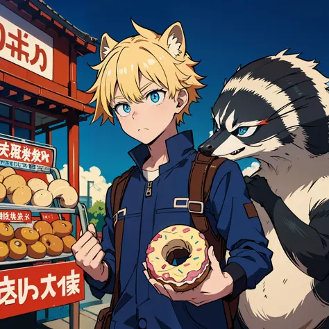 1 man, 19, tall, slim, blond hair, raccoon ears, raccoon swan, blue eyes, eats a Donat, slim, in tokyo