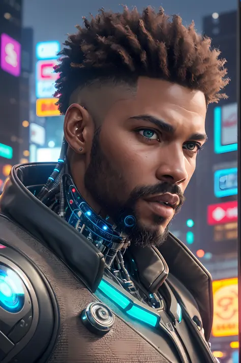 Hyper-realistic portrait of a (black man and cyberpunk bearded), ((male)), (bronze) skin, detailed (an impressive blue human eye...