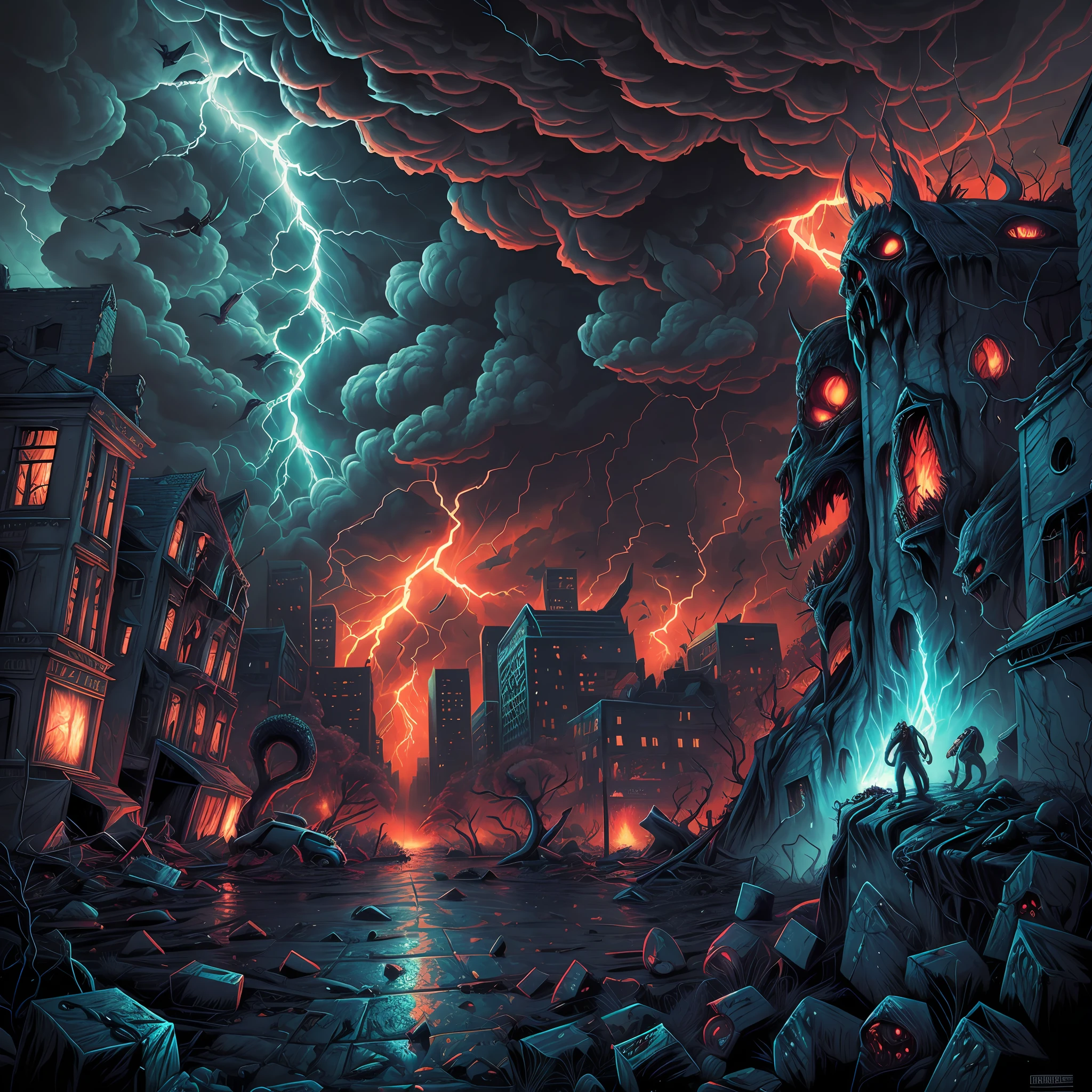cataclysmic storming made with horror creatures, devastating a city. Horror art, unreal engine, UHD, sketch color drawing. Illustration by Dan Seagrave