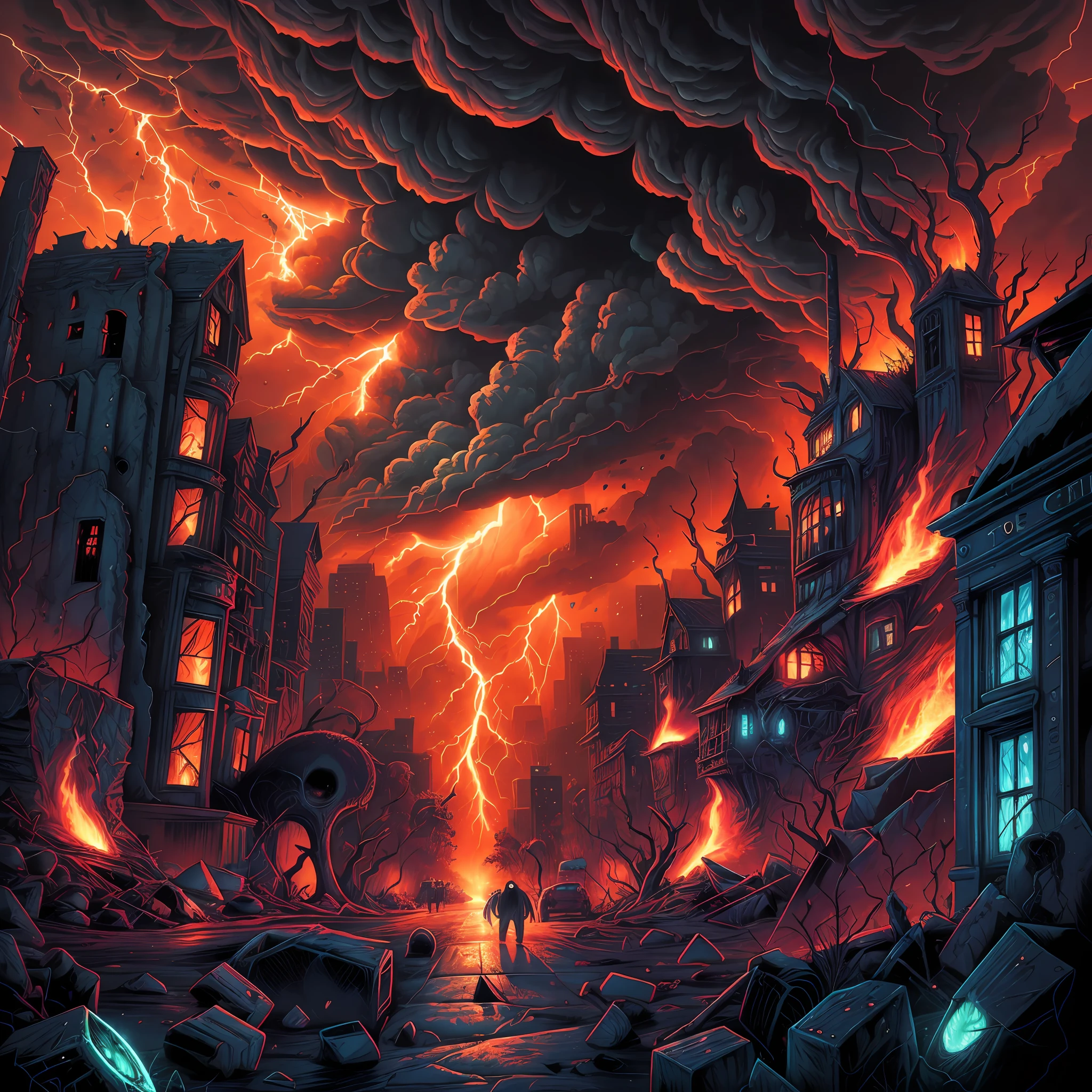 cataclysmic storming made with horror creatures, devastating a city. Horror art, unreal engine, UHD, sketch color drawing. Illustration by Dan Seagrave