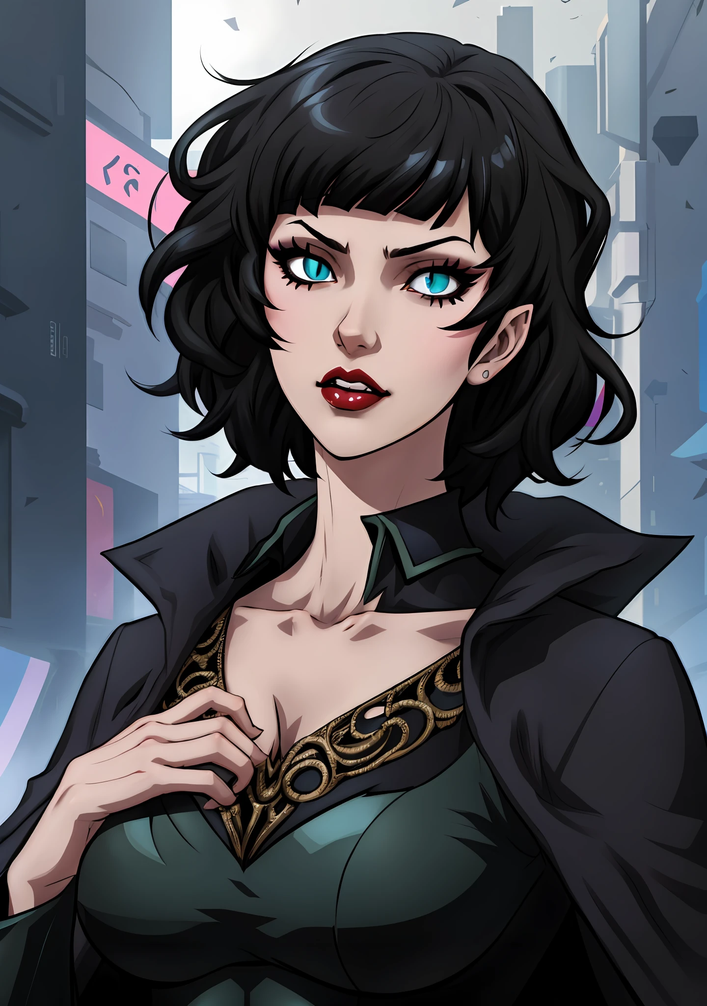 A closeup of a woman and some other poses, concept art, character content art,1girl, highres, sharp focus, pixiv masterpiece, ((intricate details)), highly detailed,highly detailed exquisite fanart, commission for high resolution, gothic makeup,snake eyes,snake eyes, blue eyes, pale skin, fair skin, short black hair, dark hair, short hair,  cyberpunk hair, muscular!,abdomen, pointy ear, vampire, costume: mercenary outfit, long coat, Underworld style clothing, neckline, revealing neckline, joy ride style, ilya kuvshinov,Anime Moe Artstyle, Female anime character, Anime character,