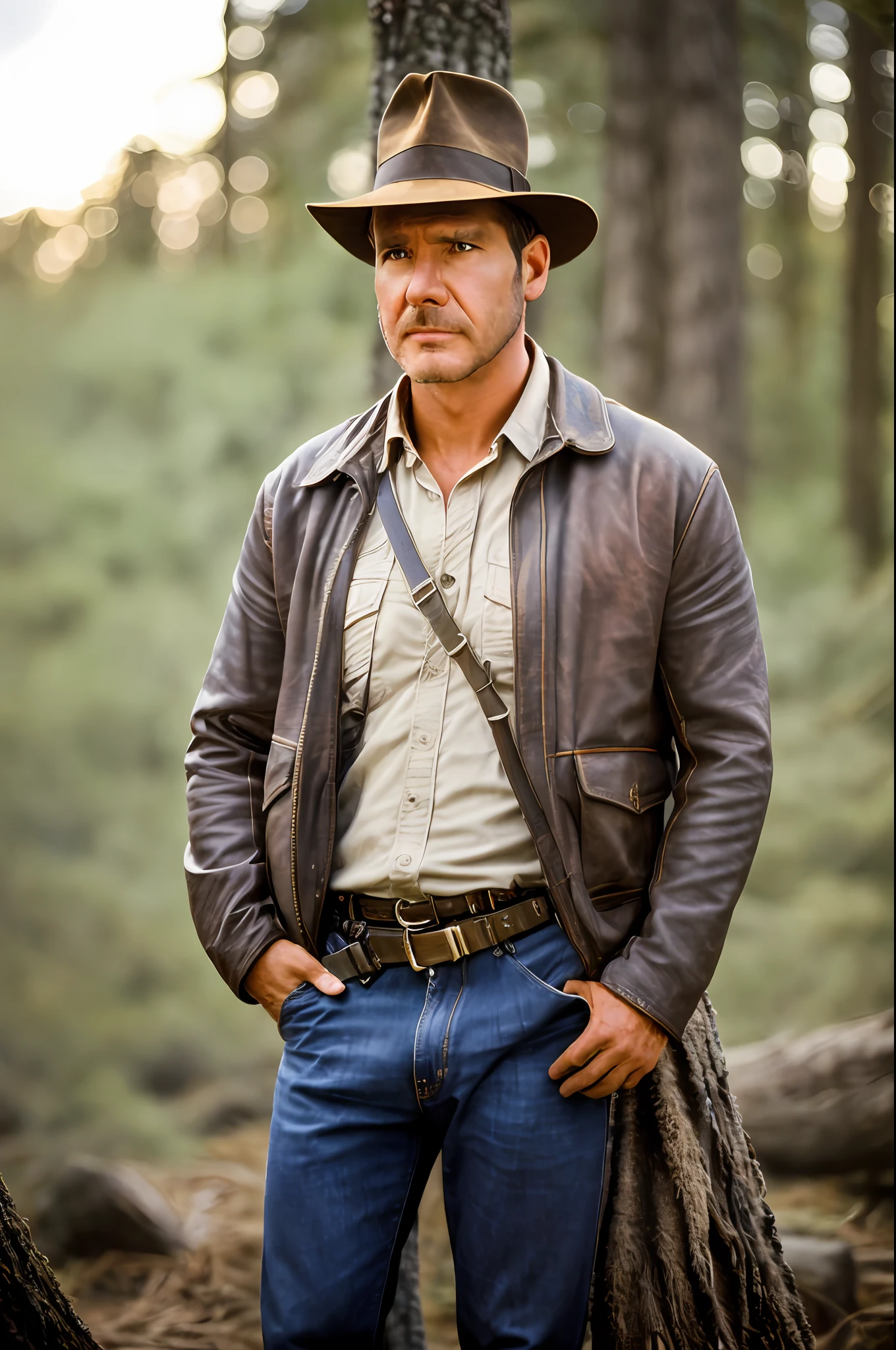 a highly detailed full-body photo of a man with a shaggy beard like Indiana Jones with hat, (detailed face), (perfect detailed eyes: 1.1), (highly detailed skin: 1.1), perfect athletic body, Modelshoot style, professional photography, dramatic lighting, photorealistic, cinematic, realistic, sunset, standing on a forest jungle background, RAW,, sharp focus, 8k,  high resolution, DSLR, high quality, Fujifilm XT3, award-winning, masterpiece