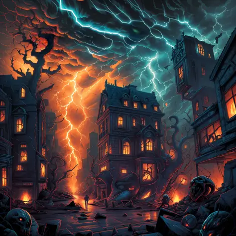 cataclysmic storming made with horror creatures, devastating a city. Horror art, unreal engine, UHD, sketch color drawing. Illus...