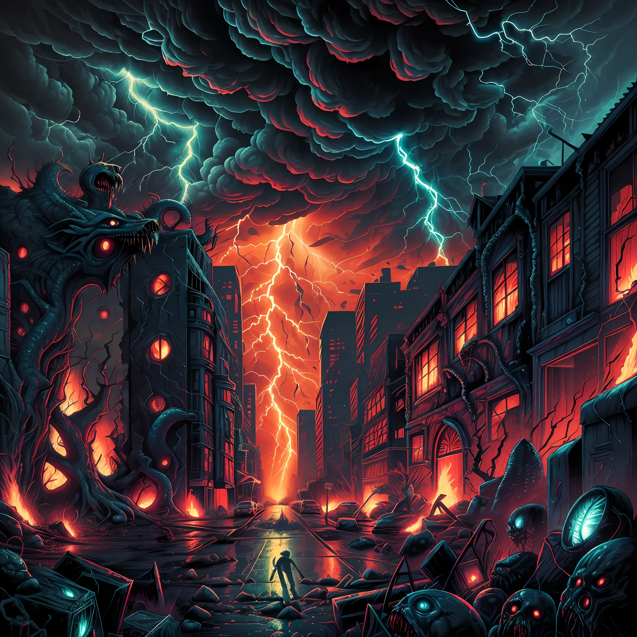 cataclysmic storming made with horror creatures, devastating a city. Horror art, unreal engine, UHD, sketch color drawing. Illustration by Dan Seagrave