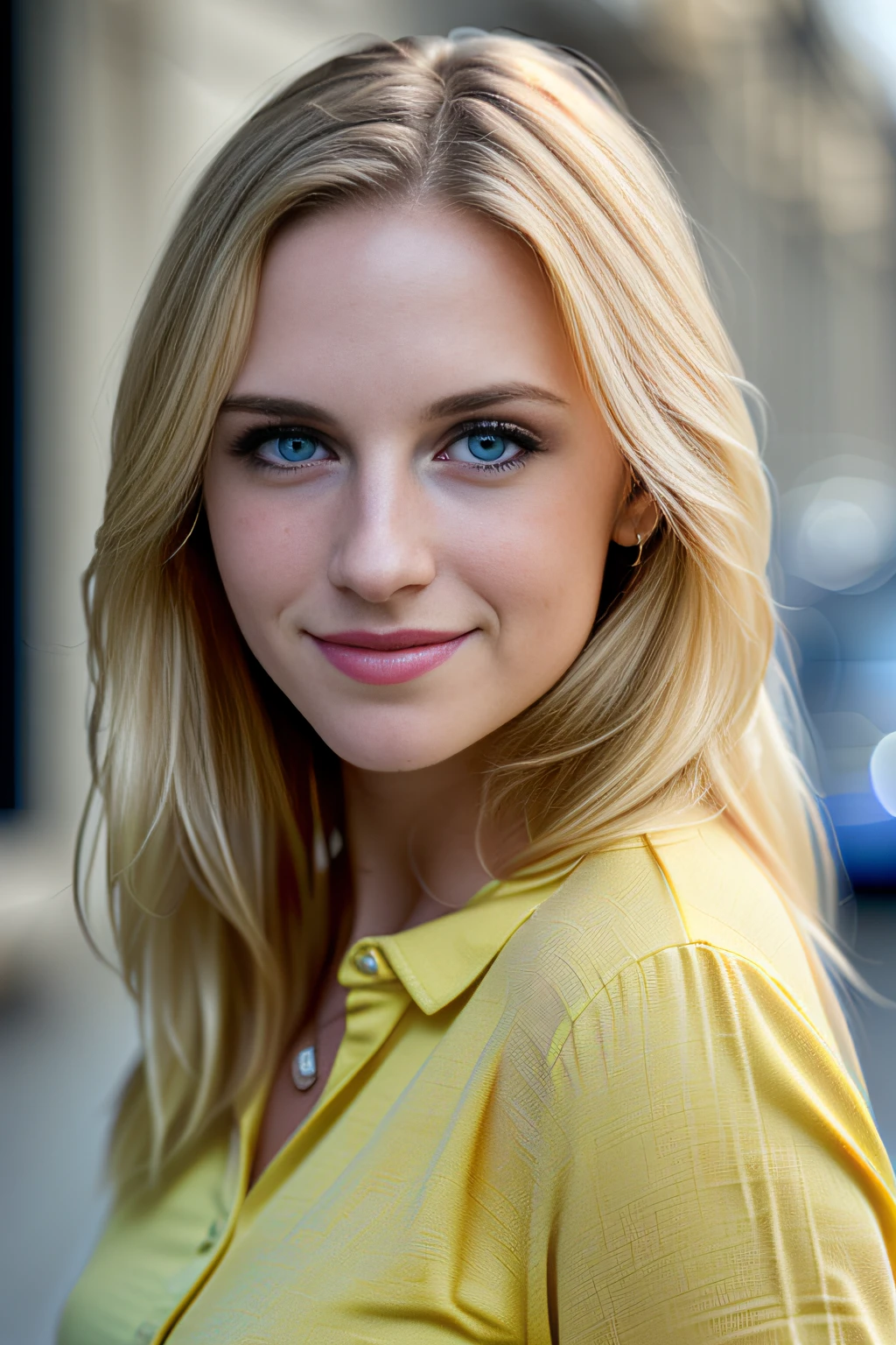 Beautiful woman with long blonde hair, detailed seductive eyes, smile, yellow blouse, (finely detailed skin), pale skin, realistic skin texture, extreme skin details, in the beautiful city background, best quality masterpiece, photorealistic, hyperrealistic, detailed, 8k, HDR, (soft color: 1.2), shallow depth of field, wide light, high contrast, backlighting, sharp focus, RAW color photo