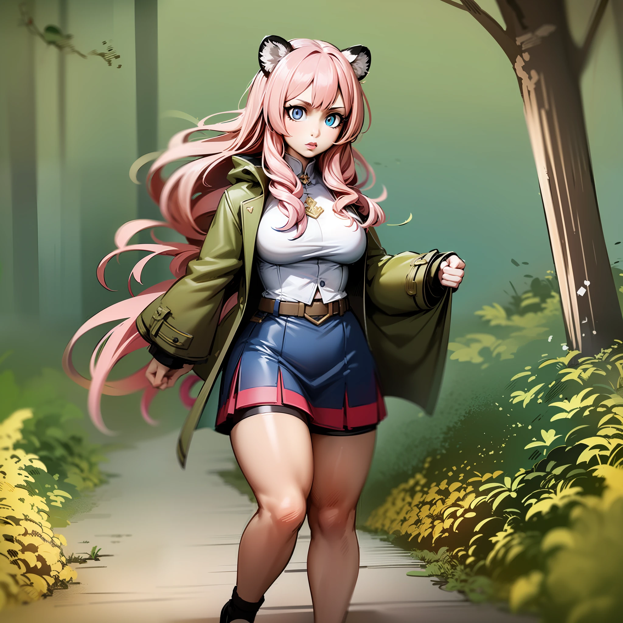 , tiger ears, tiger tails, martial art, medium chest, pink hair, skirt, jacket, godess,1girl,coat,walking, solo focus.1character, holy catholic mountain,