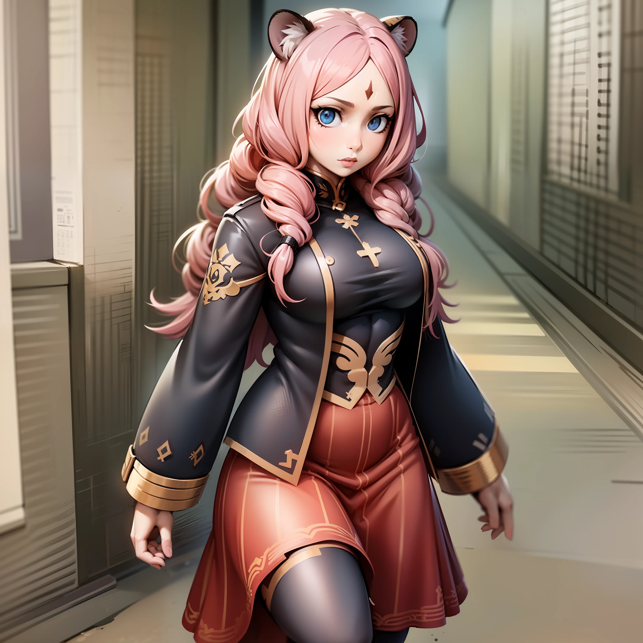 , tiger ears, tiger tails, martial art, medium chest, pink hair, skirt, jacket, godess,1girl,coat,walking, solo focus.1character, holy catholic mountain,, goddess, fantasy, mid long skirt