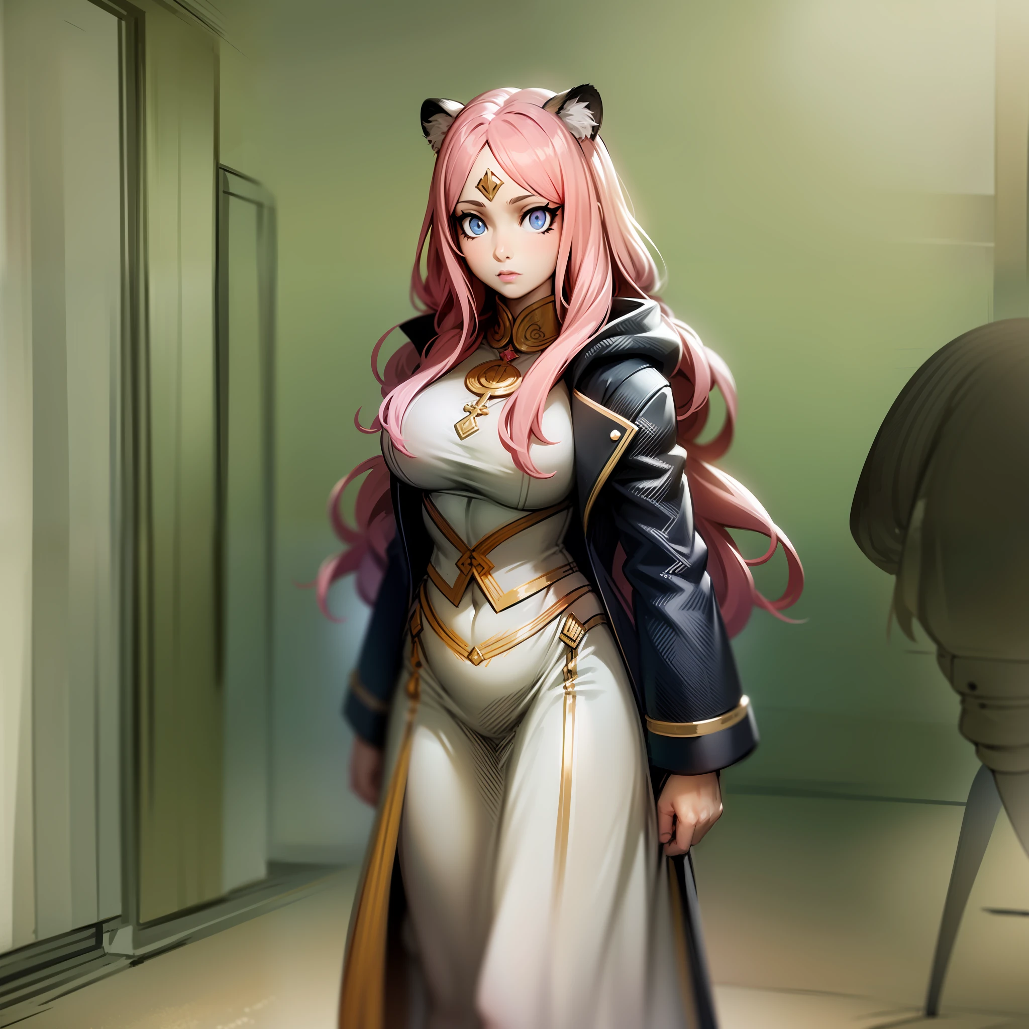 , tiger ears, tiger tails, martial art, medium chest, pink hair, skirt, jacket, godess,1girl,coat,walking, solo focus.1character, holy catholic mountain,, goddess, fantasy, mid long skirt