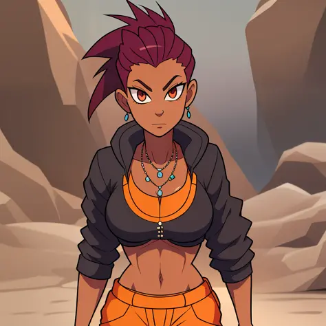 Sandbender Strong Female mohawk hair, crimson eyes, necklace with a ring, muay thai posture, in her early 20s, some sand around her hand, medium tanned skin, focused trained eyes, big pants, wearing a winter coat.