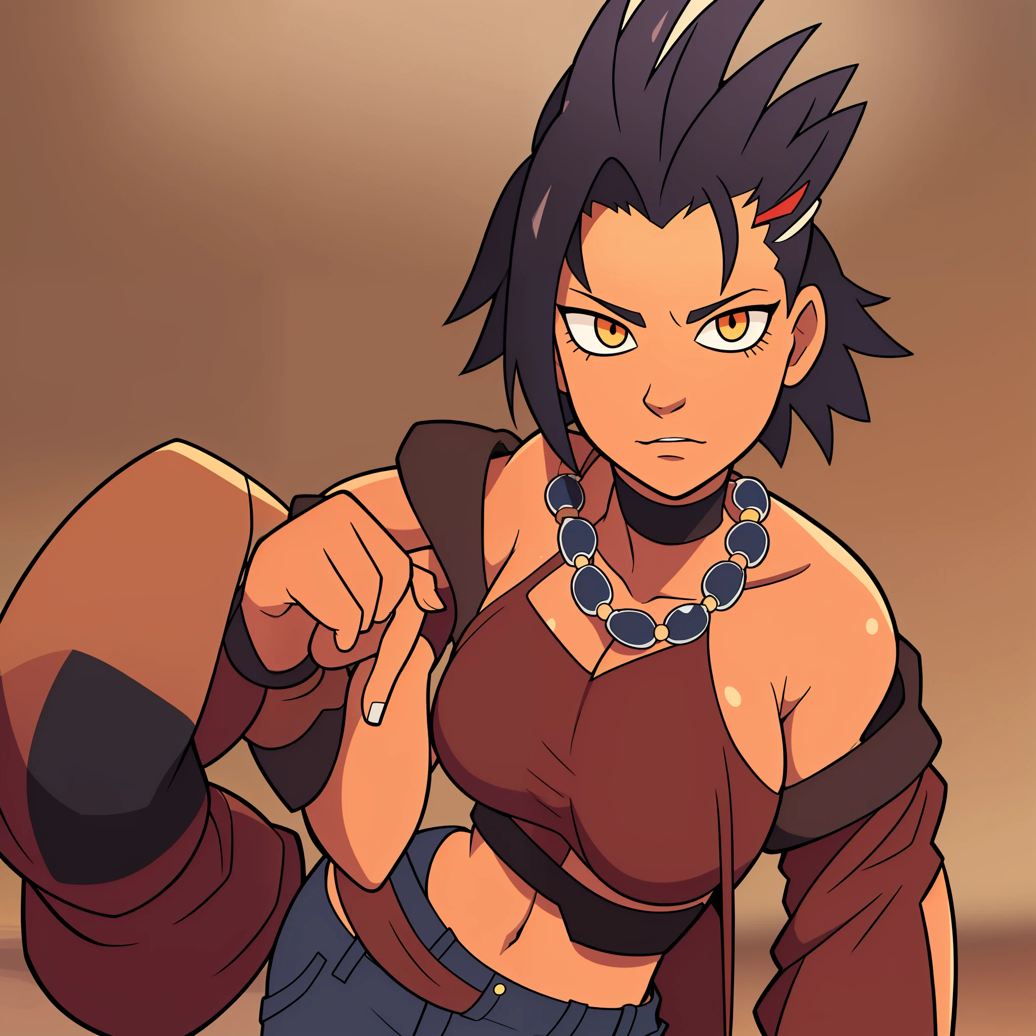 Sandbender Strong Female mohawk hair, crimson eyes, necklace with a rin, in your early 20s, some sand around your hand, medium tanned skin, focused trained eyes, big pants, wearing a winter coat.