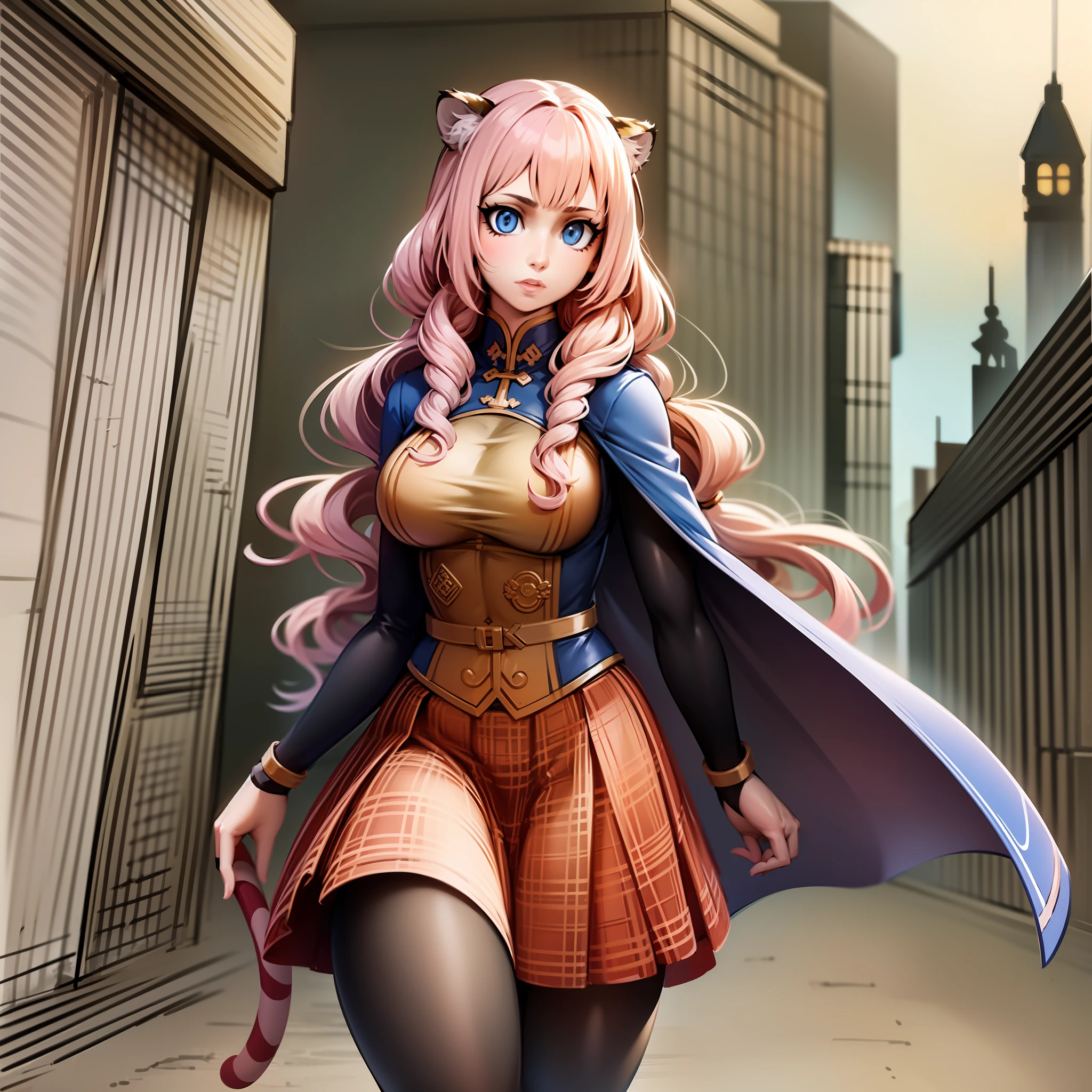 , tiger ears, tiger tails, martial art, medium chest, pink hair, skirt, jacket, godess,1girl,coat,walking, solo focus.1character, holy catholic mountain,, goddess, fantasy, mid long skirt