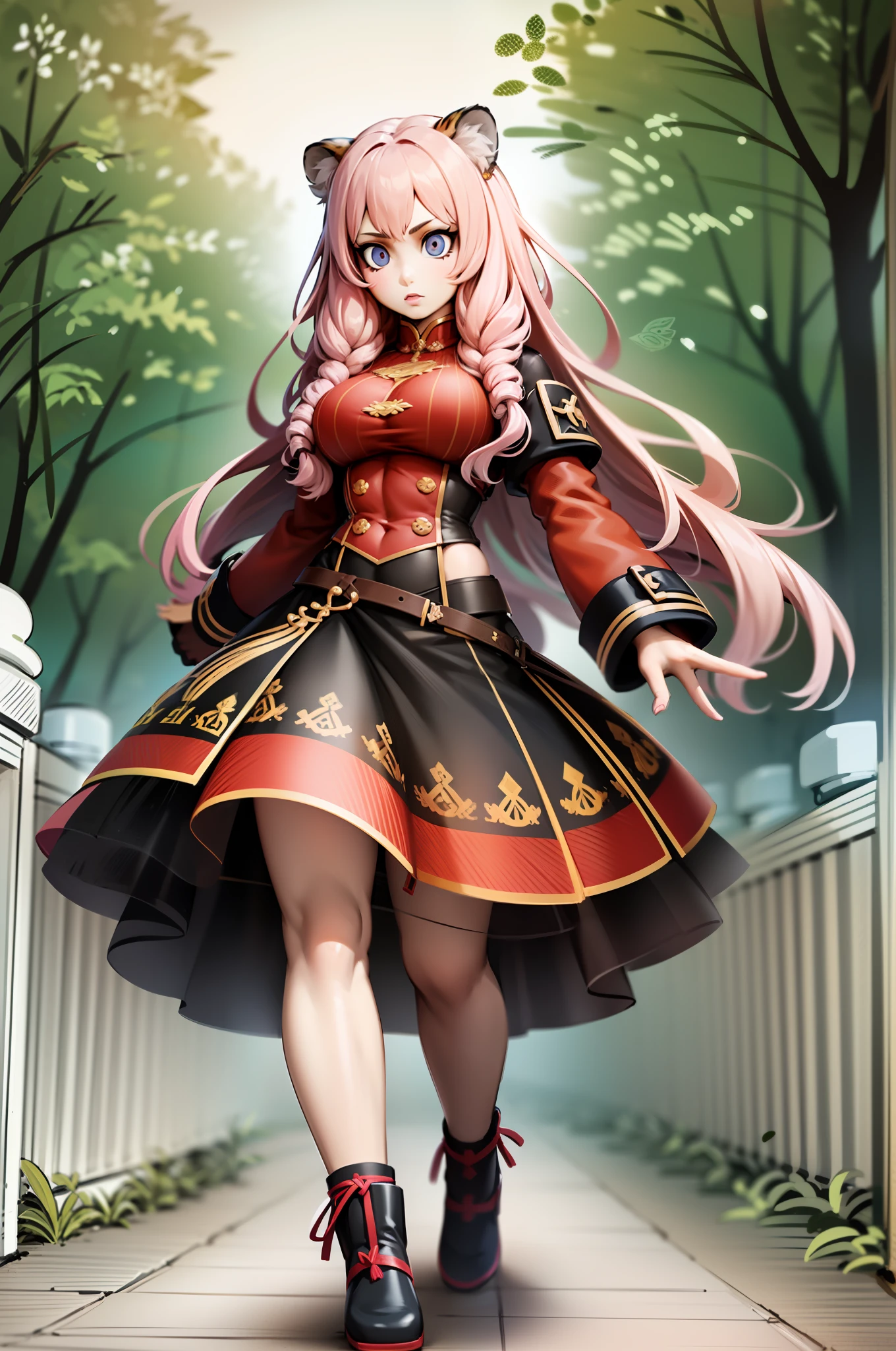 , tiger ears, tiger tails, martial art, medium chest, pink hair, skirt, jacket, godess,1girl,coat,walking, solo focus.1character, holy catholic mountain,, goddess, fantasy, mid long skirt