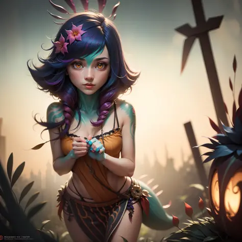 ((masterpiece, best quality, detailed)), 1girl, solo,neeko, gradient hair, multicolored hair, striped hair, printed hair, lookin...