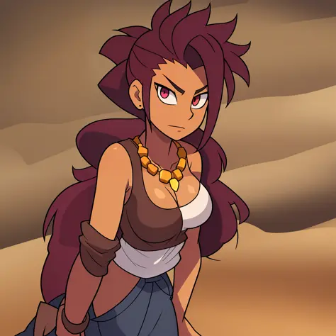 Sandbender Strong Female mohawk hair, crimson eyes, necklace with a rin, in your early 20s, some sand around your hand, medium tanned skin, focused trained eyes, big pants, wearing a winter coat.