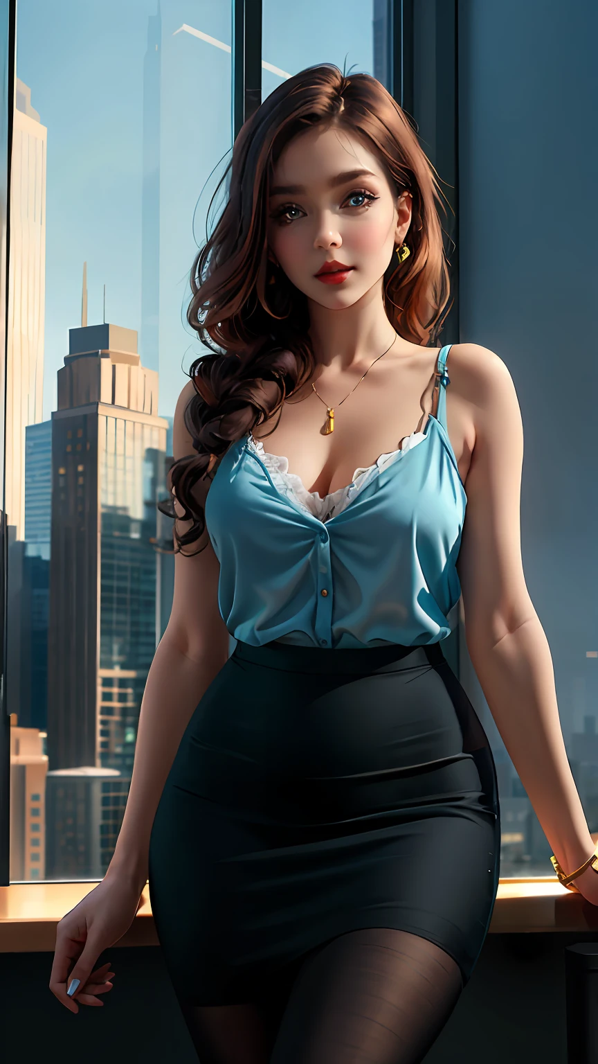 (Masterpiece, Best Quality, Very Detailed, 8K, Wallpaper, Ultra Detail), (RAW Photo: 1.2), wlop, 
1 girl, solo, indoor, black pantyhose, pencil skirt, silky blouse, masterpiece:1.2, best quality), full body, realistic, (real picture, meticulously crafted, depth of field), office girl style, red lips, high detail, perfect face shape, perfect figure, beautiful woman, beautiful face, beautiful eyes, big breasts, office background bokeh, 16k, window, skyscrapers in the background