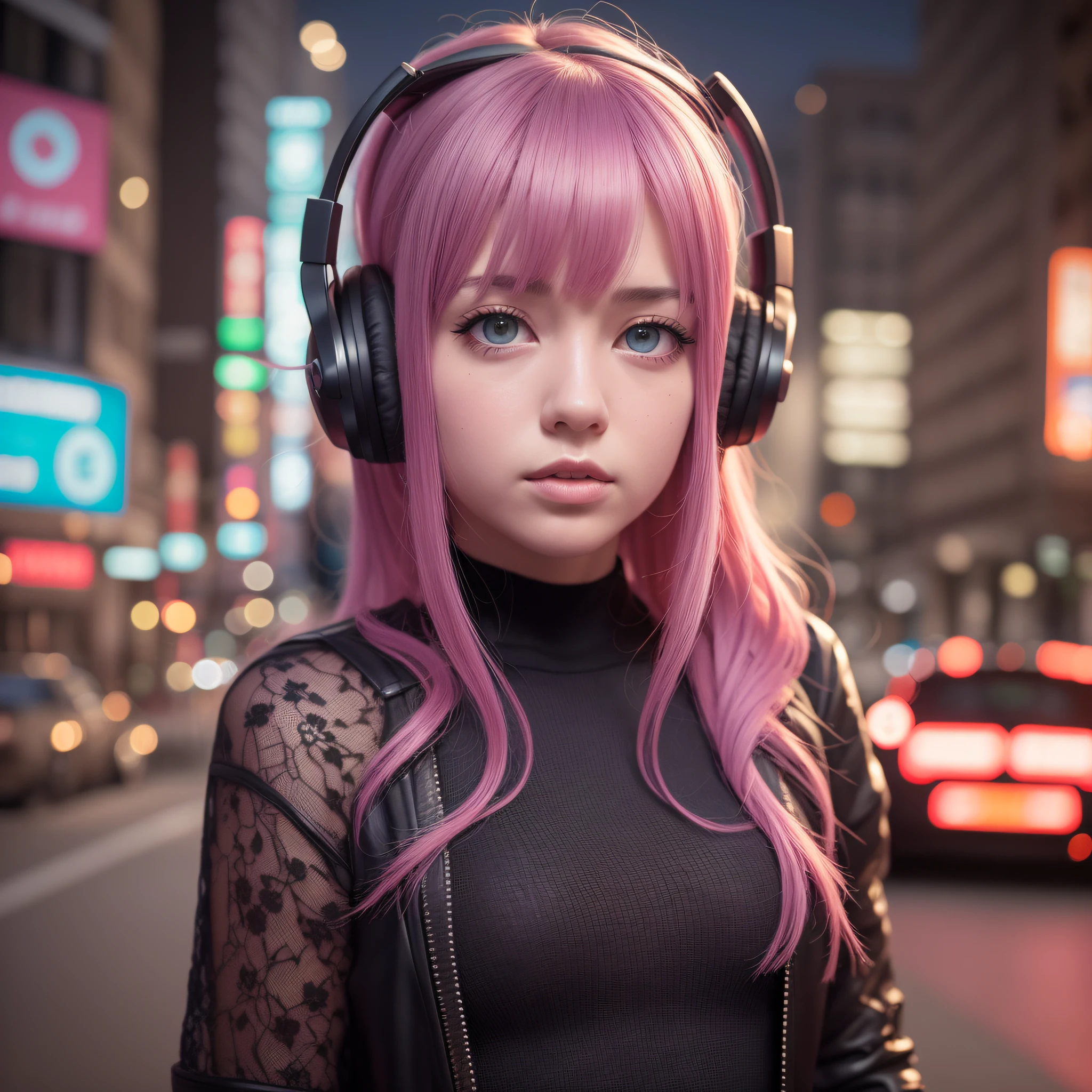 girl with headphones,hair color rainbow eyes red cyberpunk,8K extremely detailed, smooth, high resolution, ultra quality, highly detailed eyes, highly detailed mouth, highly detailed face brightness, iridescent, global lighting, real hair movement, real light, real shadow, real face, hd, 2k, 4k, 8k, 16k, realistic light, realistic shadow, bright eyes, fluorescent eyes,  soft light, dream light,anime, 3d, japan, pixar, masterpiece, best quality, , portrait, night city with one at lamborghin background