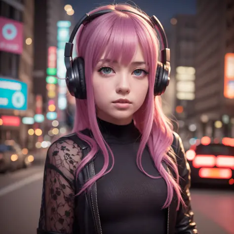 girl with headphones,hair color rainbow eyes red cyberpunk,8k extremely detailed, smooth, high resolution, ultra quality, highly...