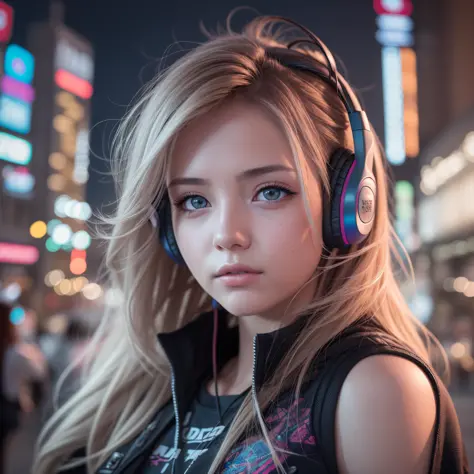 girl with headphones,hair color rainbow eyes red cyberpunk,8k extremely detailed, smooth, high resolution, ultra quality, highly...