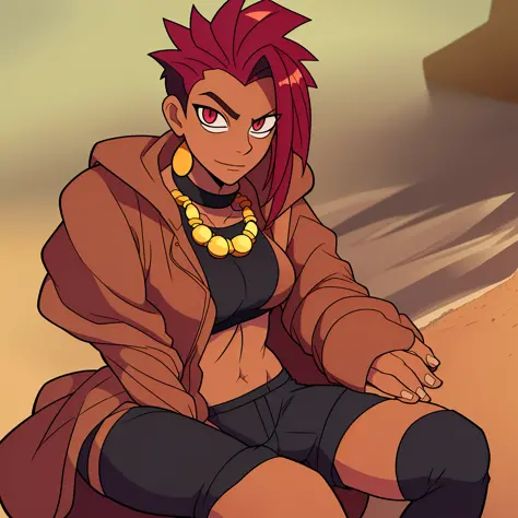 Female Earthbender Strong Mohawk feminine hair, crimson eyes, necklace with a rin, in his early 20s, some sand around his hand, medium tanned skin, focused trained eyes, large pants, wearing a winter coat.