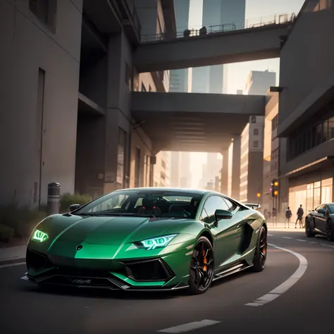 lamborghine, green neon details, black car, ray tracing, 8k.