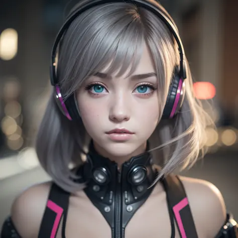 girl with headphones,rainbow hair,eyes with heterochromia cyberpunk,8k extremely detailed, smooth, high resolution, ultra qualit...