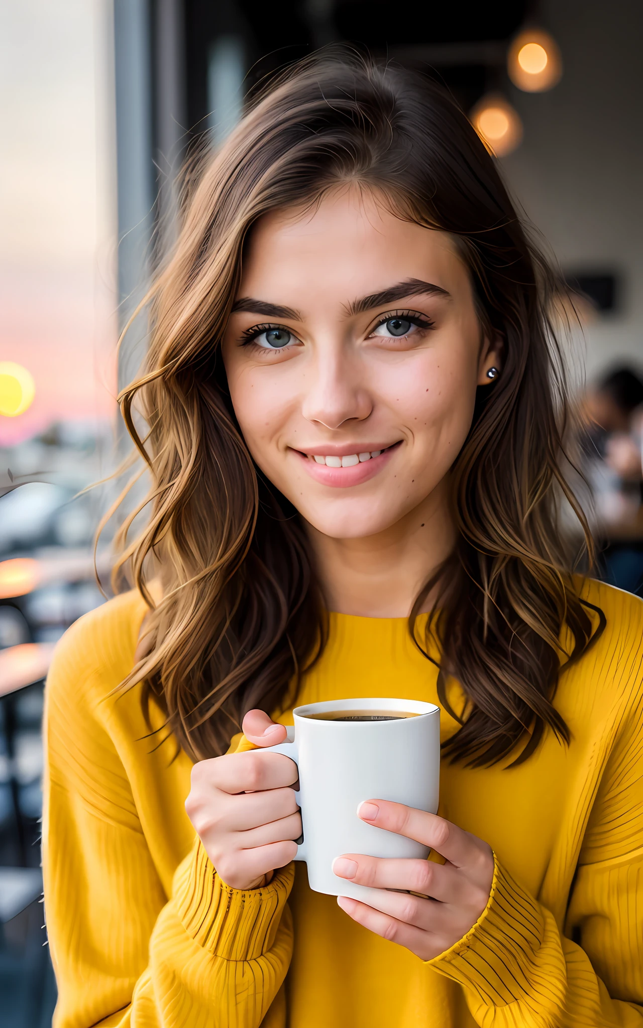 cute beautiful blonde wearing yellow sweater (drinking coffee inside a modern cafe at sunset), very detailed, 21 years old, inoccent face, natural wave hair, blue eyes, high-res, masterpiece, best quality,intricate details, highly detailed,sharp focus, detailed skin,realistic skin texture,texture, detailed eyes, professional, 4k, charmer smile, shot on Canon, 85mm,shallow depth of field,kodak vision color, perfect fit body, extremely detailed, photo_\(ultra\), photorealistic, realistic, post-processing, max detail, roughness, real life, ultra realistic, photorealism, photography, 8k uhd, photography