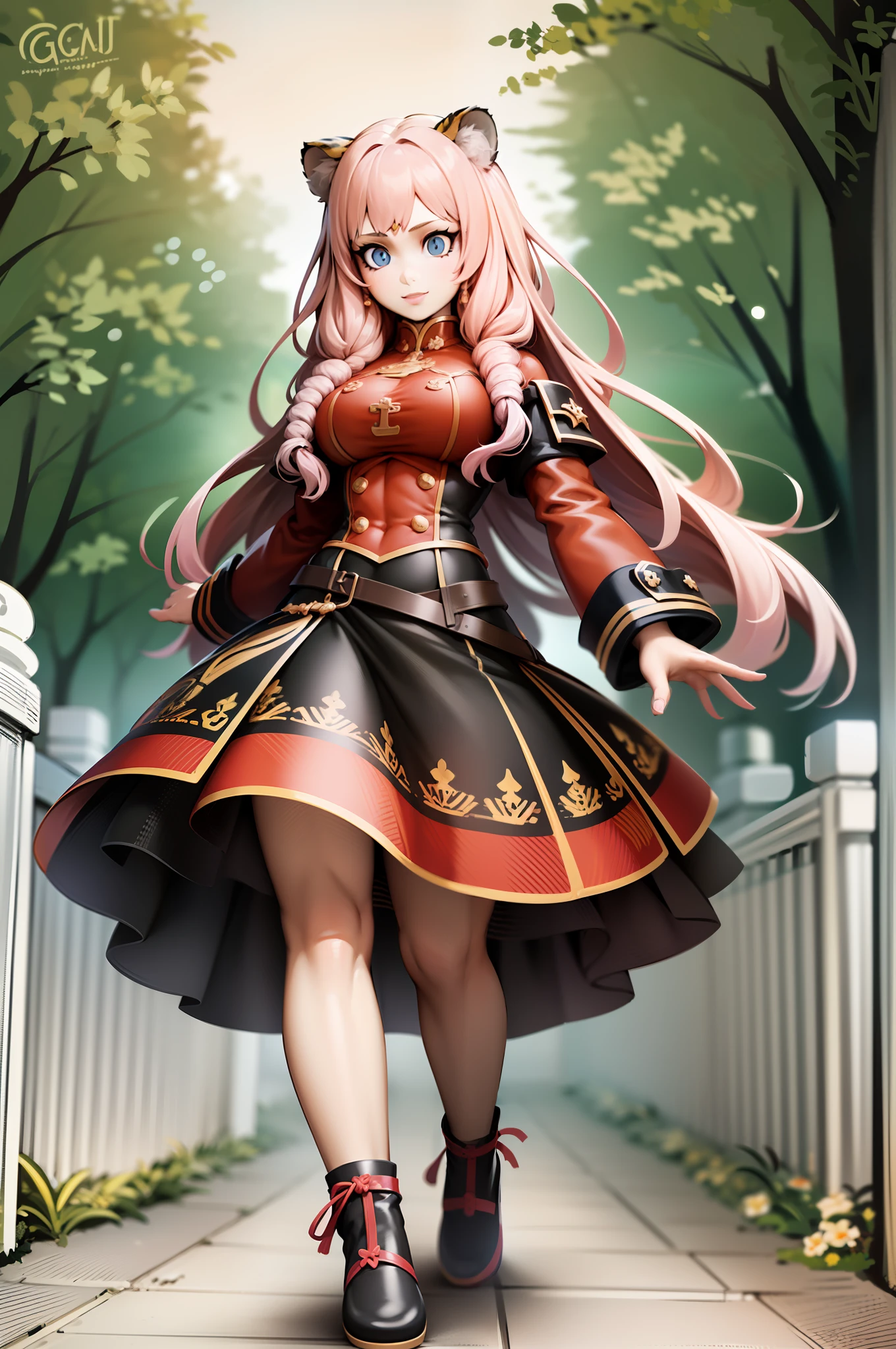 , tiger ears, tiger tails, martial art, medium chest, pink hair, skirt, jacket, godess,1girl,coat,walking, solo focus.1character, holy catholic mountain,, goddess, fantasy, mid long skirt, smile