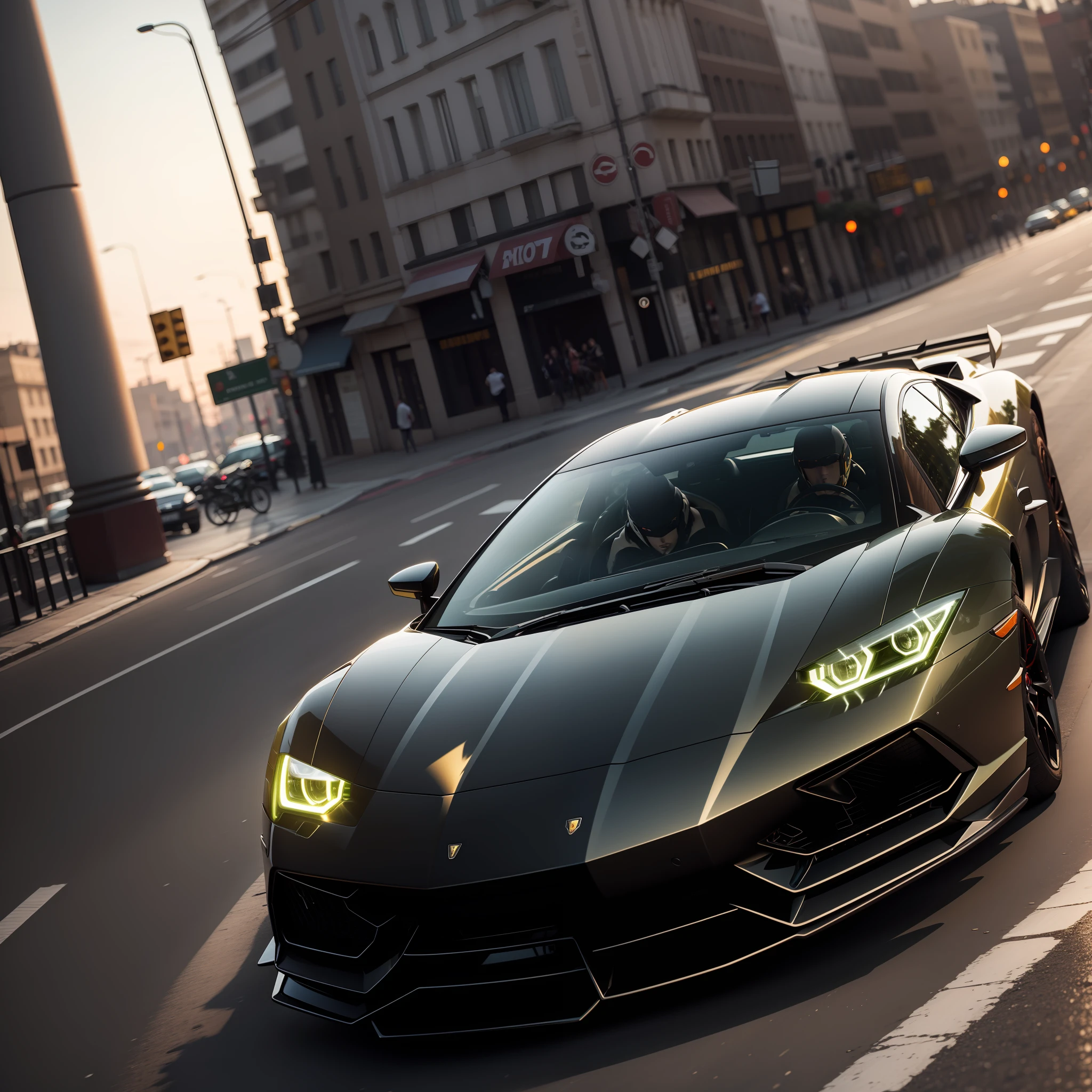 Lamborghine in black color, neon details gold black car, ray tracing, 8k.